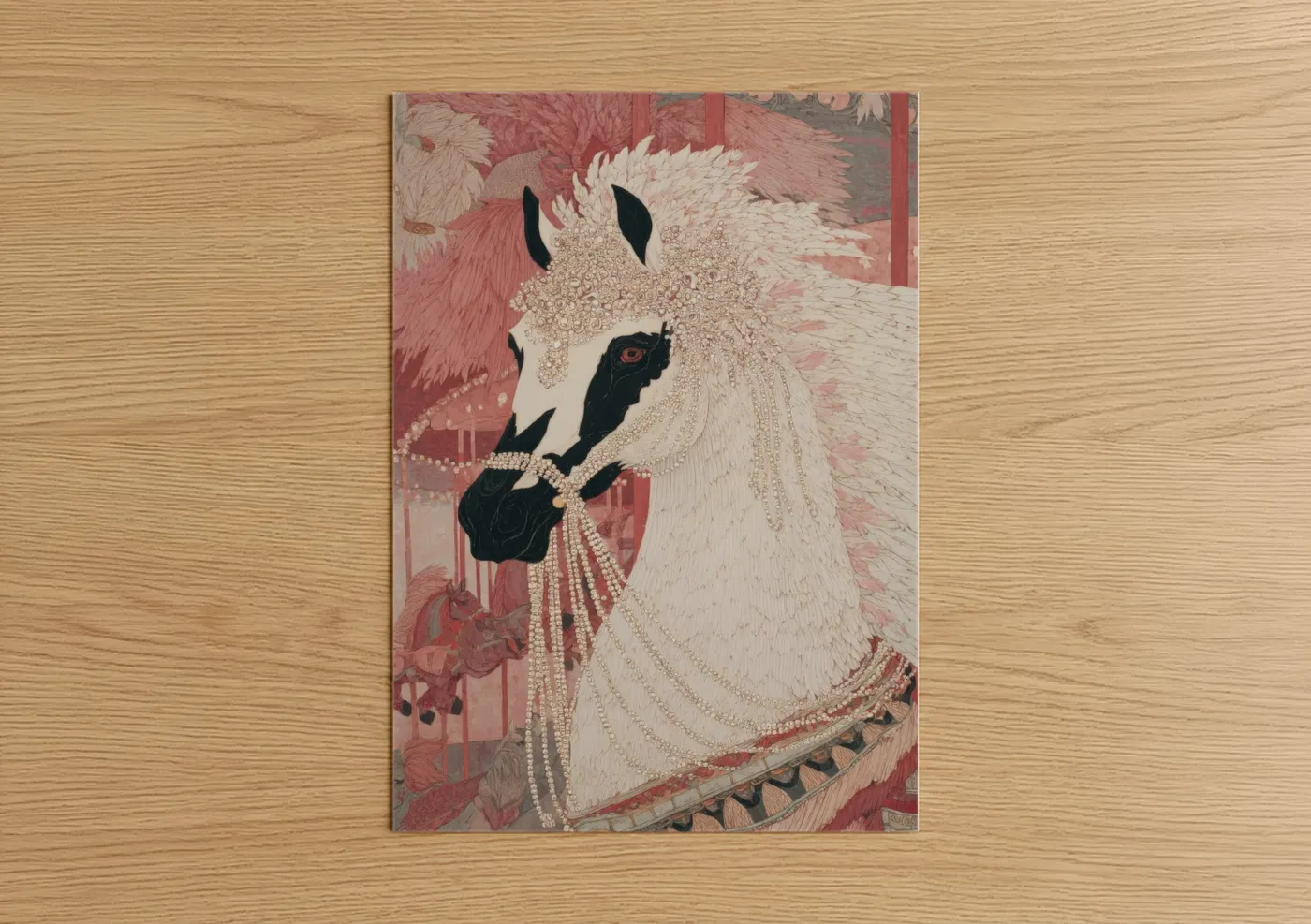 Art print on warm oak wood — rose gold and champagne gold palette — Pearl Pegasus poster