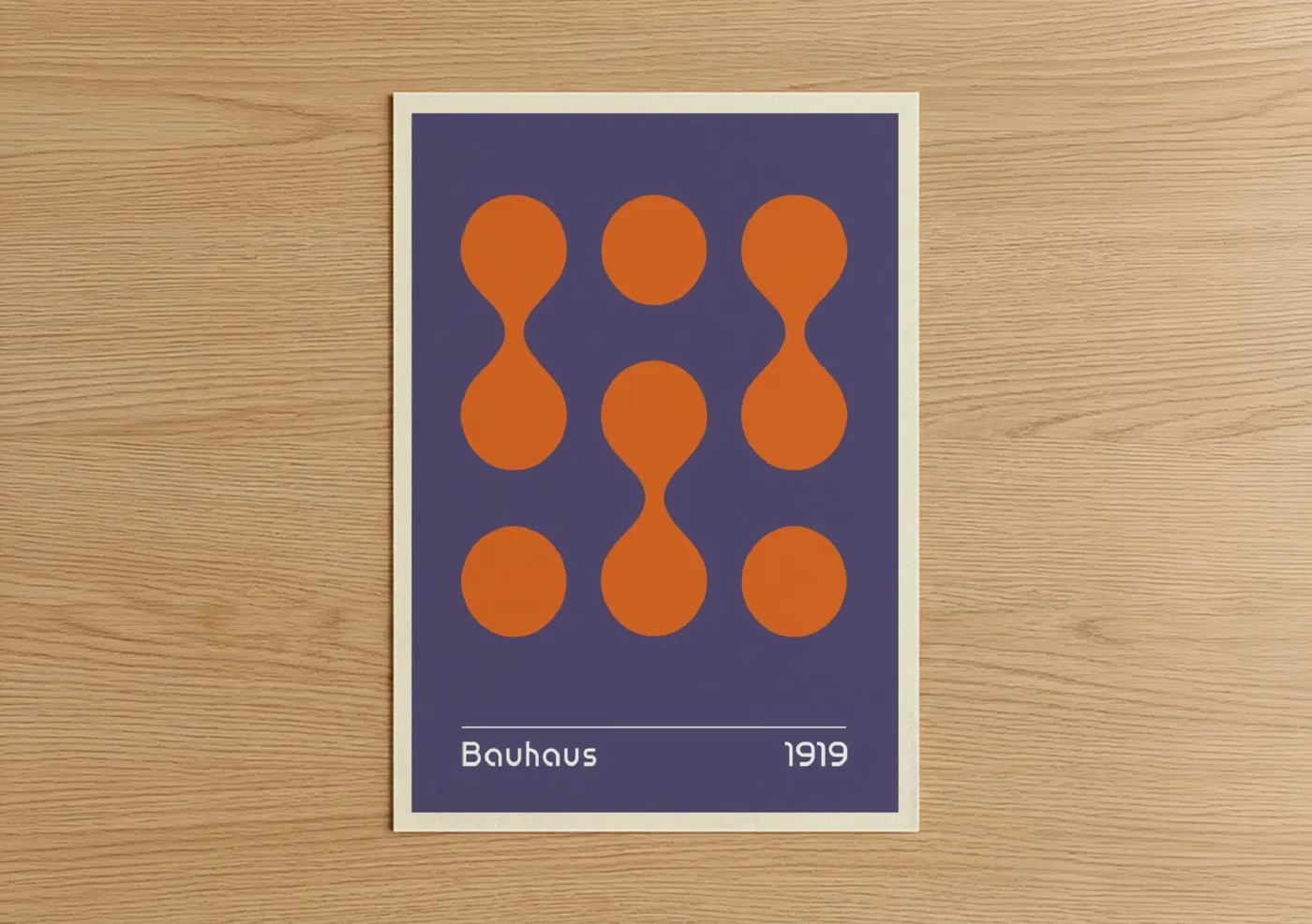 Abstract geometric art print on warm oak wood — orange and purple palette — Bauhaus Circles poster