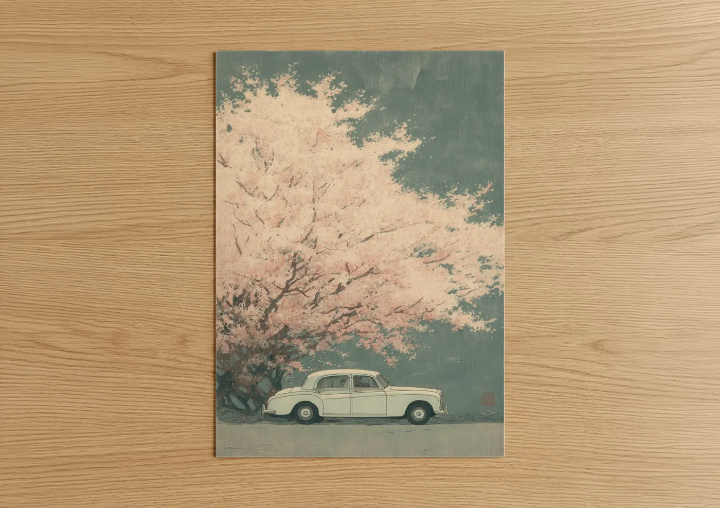 Classic car art print on warm oak wood — cream and sage green palette — Vintage Cherry Blossom poster
