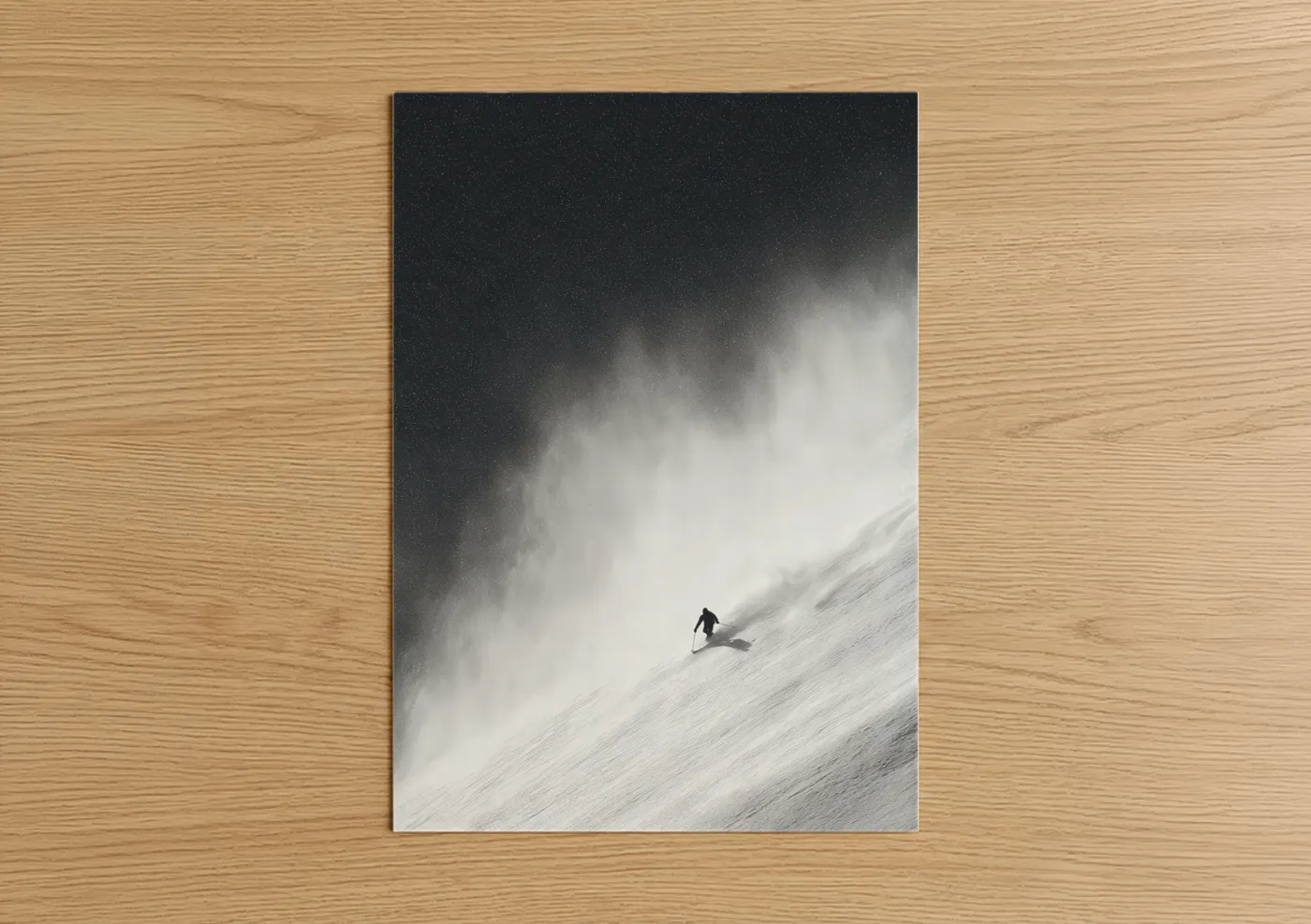 Snowboarding art print on warm oak wood — black and white palette — Midnight Descent poster