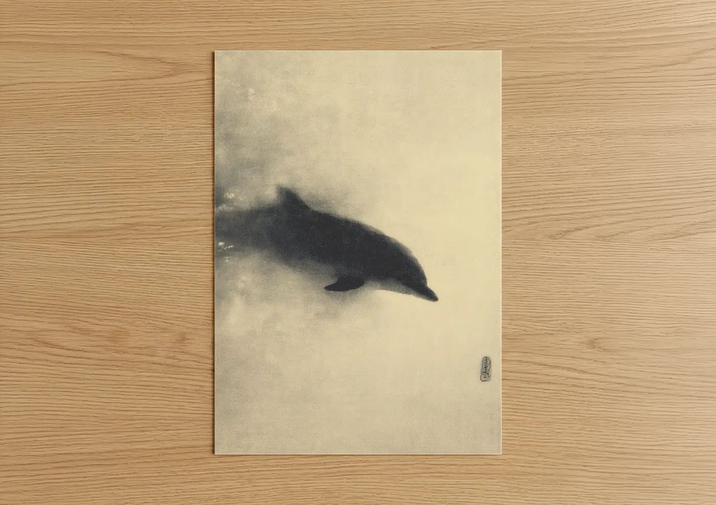 Dolphins art print on warm oak wood — black and white and cream palette — Misty Dolphin poster