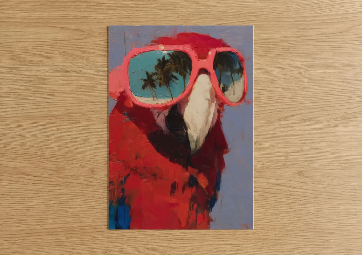 Art print on warm oak wood — red and turquoise palette — Cool Macaw Portrait poster