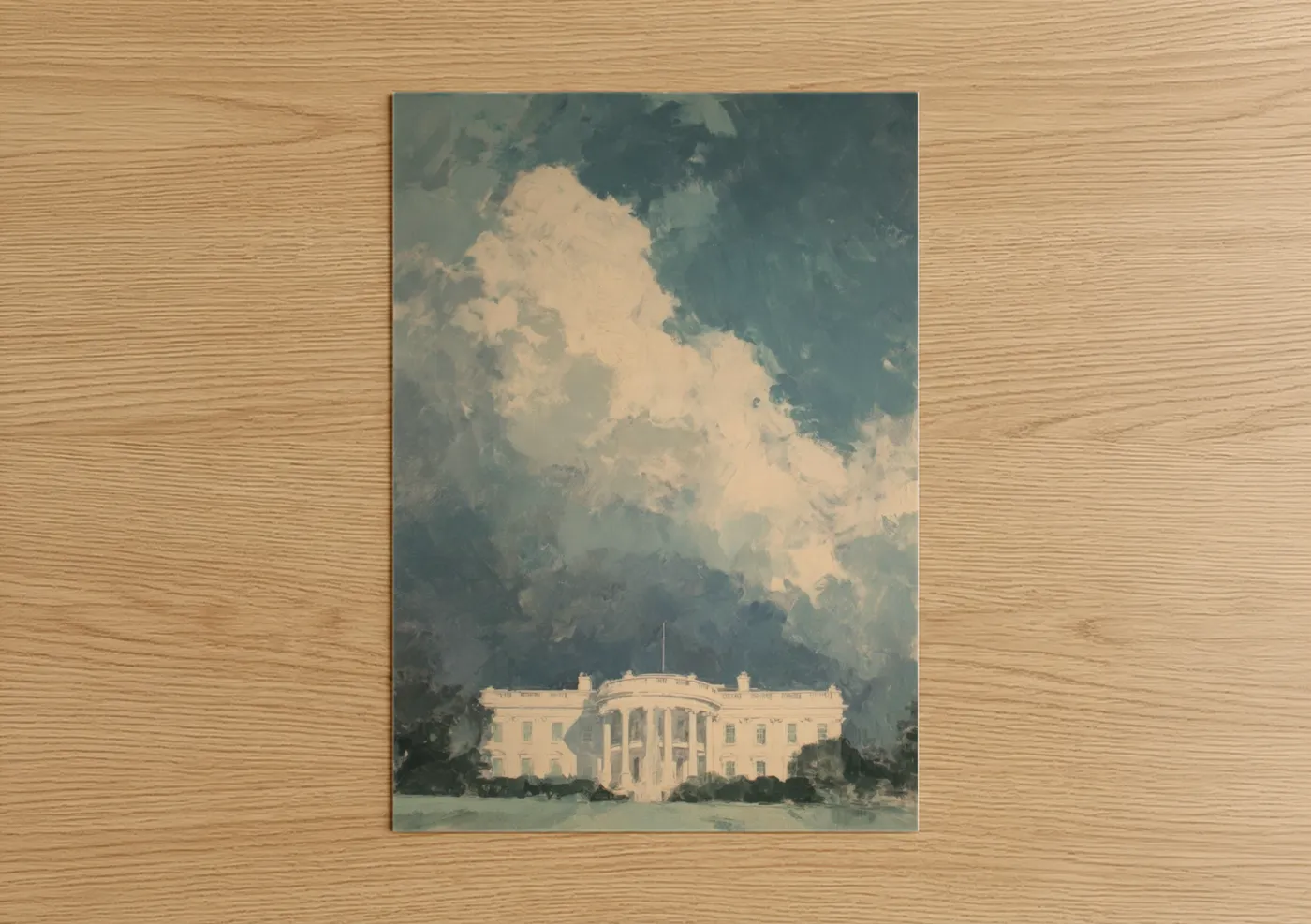 Art print on warm oak wood — cream and dove gray palette — Stately White House poster