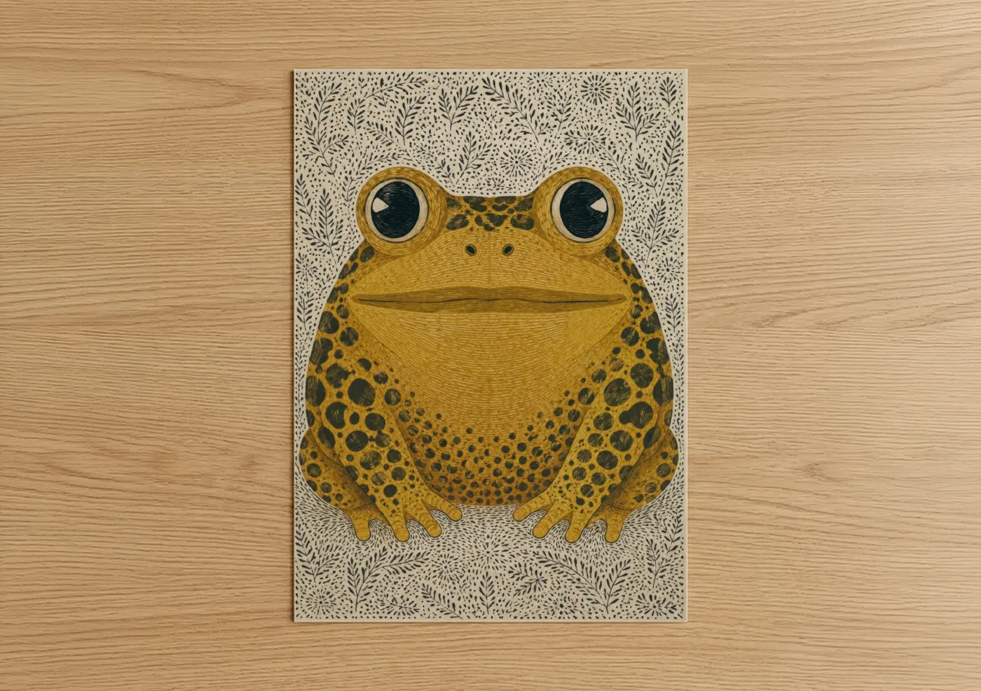 Frogs and toads art print on warm oak wood — mustard and beige palette — Golden Spotted Frog Wall Art poster