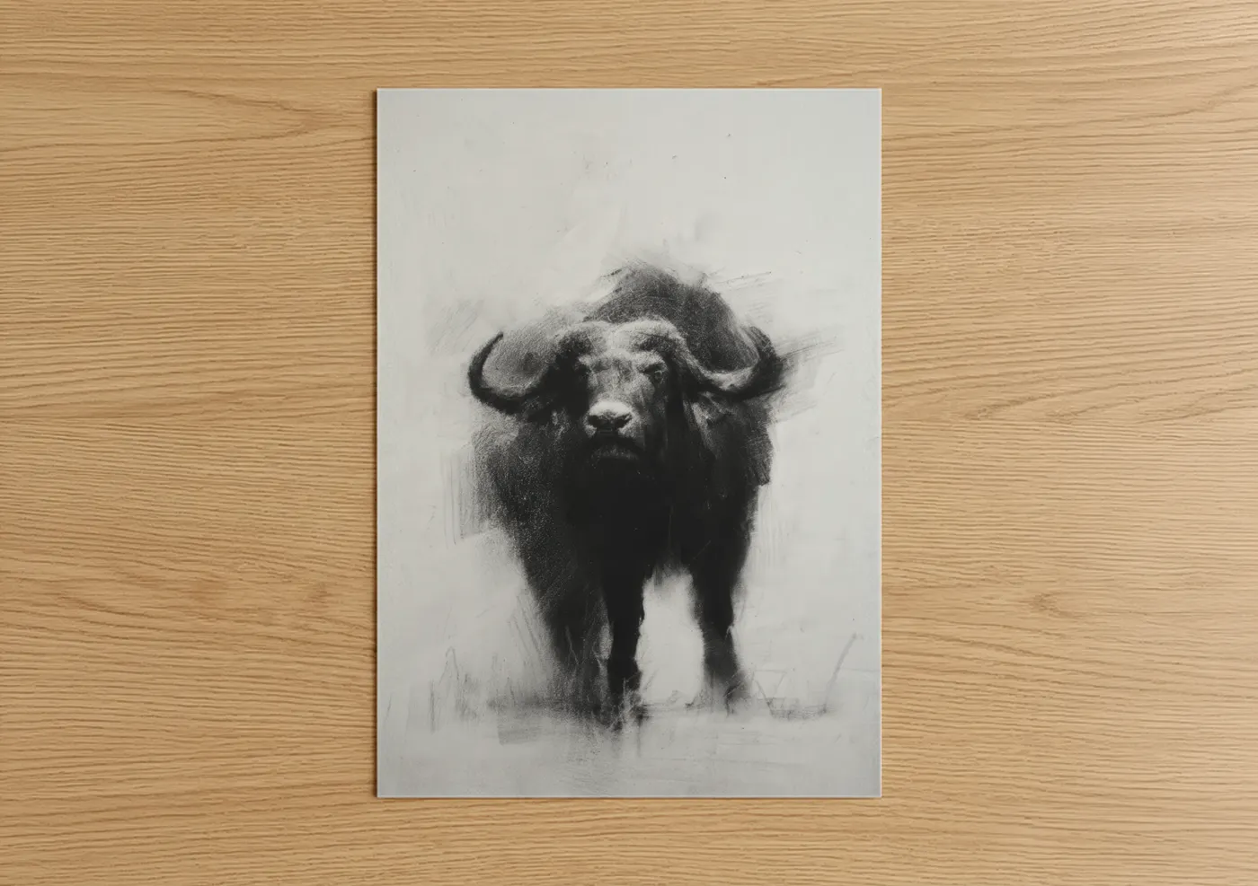 Art print on warm oak wood — black and white and gray palette — Powerful Bison Portrait poster