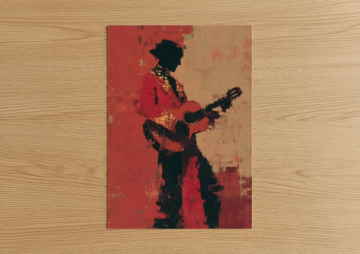 Musician art print on warm oak wood — red and gold palette — Silhouette Guitarist poster