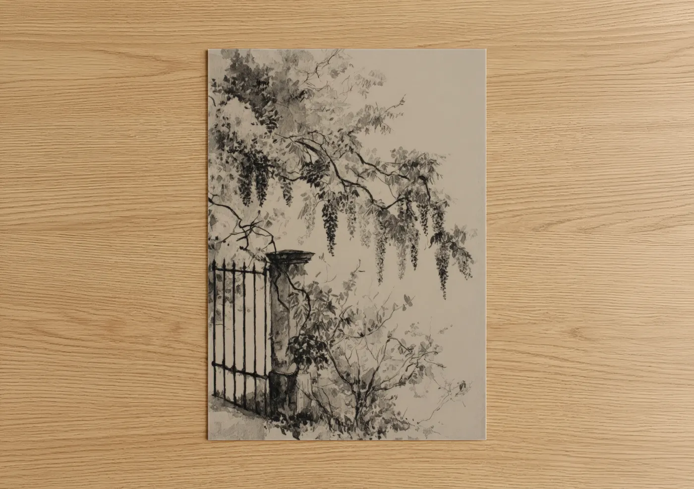 Art print on warm oak wood — gray and black and white palette — Wisteria Gate poster