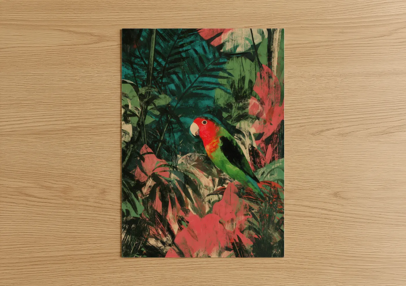 Safari parrots art print on warm oak wood — red and green palette — Crimson Macaw Jungle poster