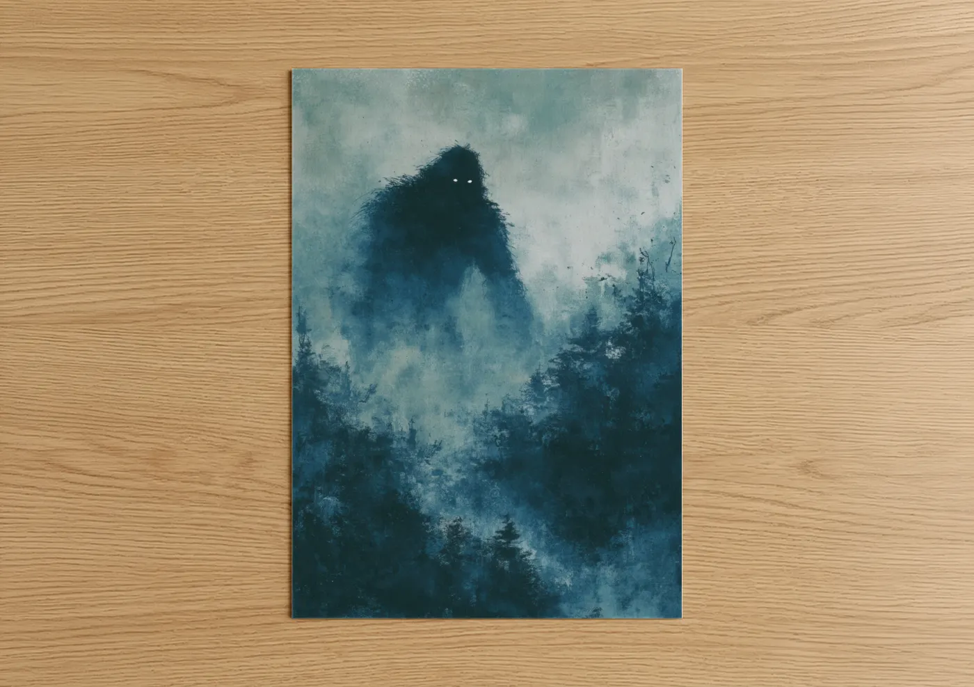 Art print on warm oak wood — dark blue and gray and white palette — Misty Yeti poster