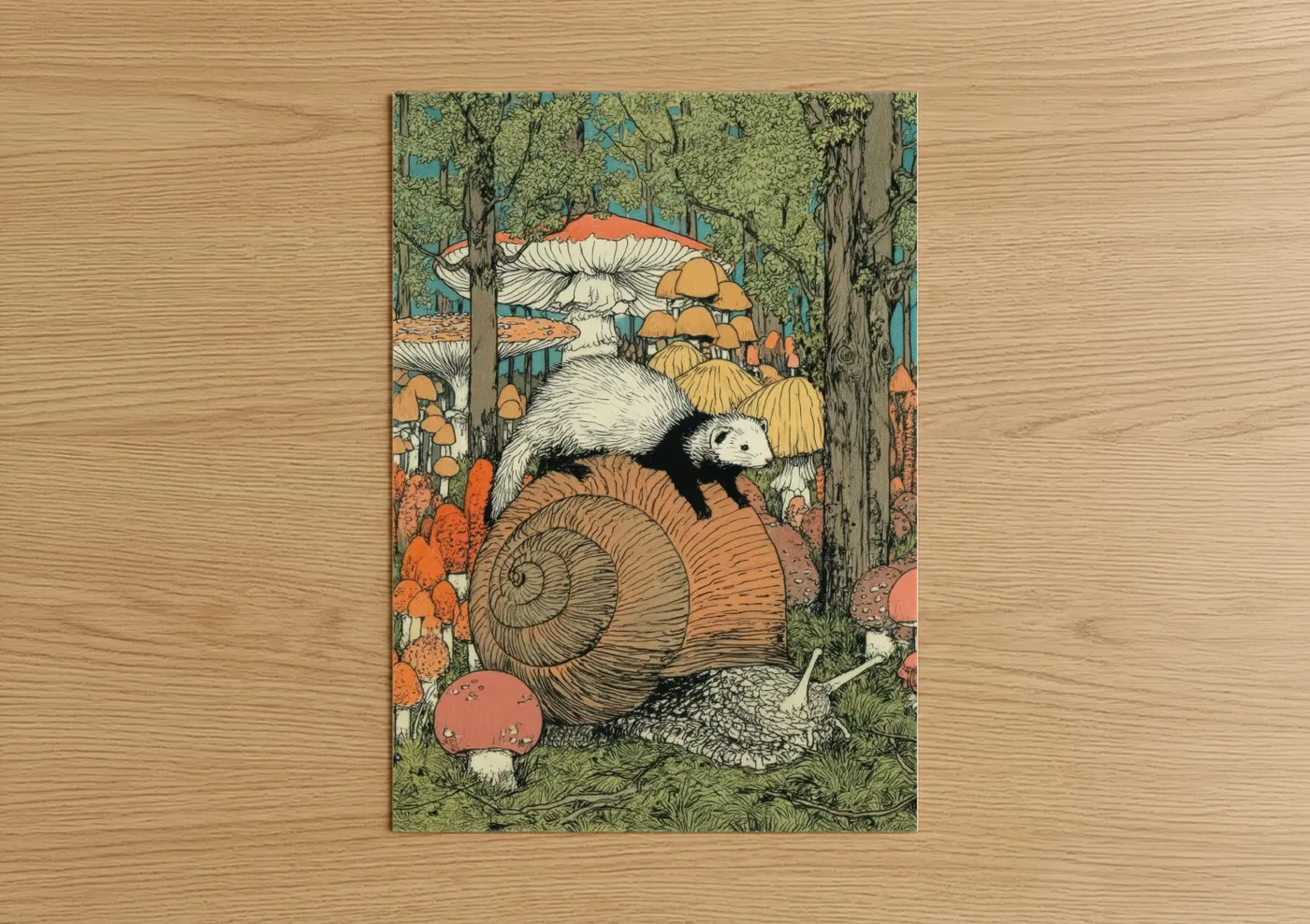 Art print on warm oak wood — light green and russet palette — Forest Ferret poster