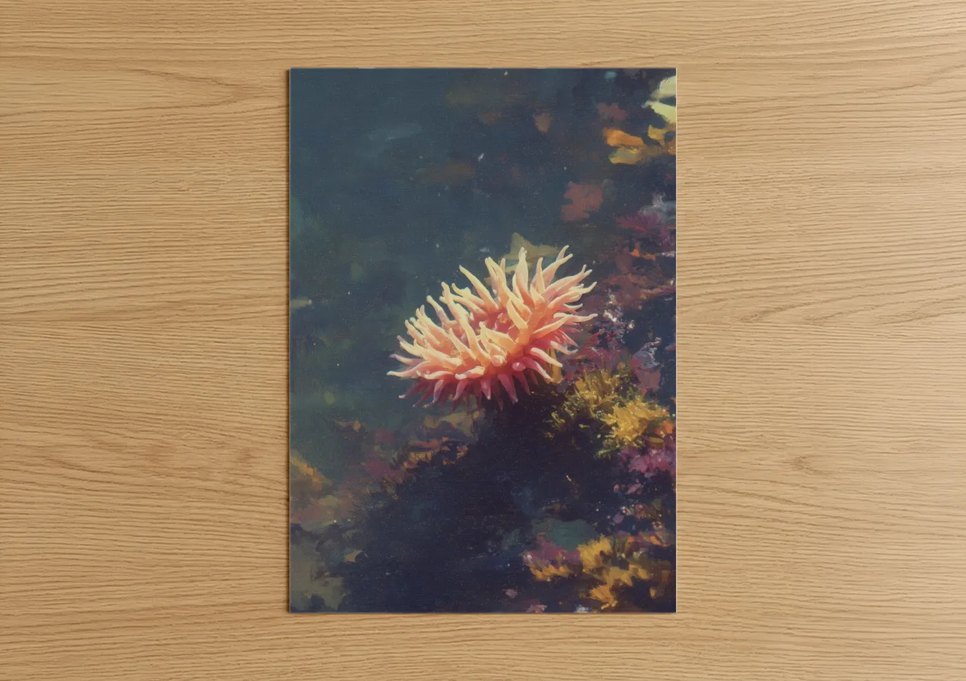 Sea anemone art print on warm oak wood — blue and orange palette — Coral Anemone poster
