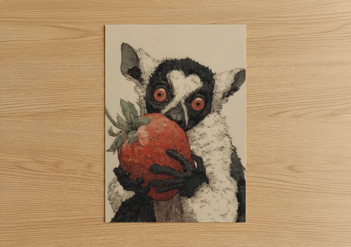 Art print on warm oak wood — beige and black and white palette — Strawberry Lemur poster
