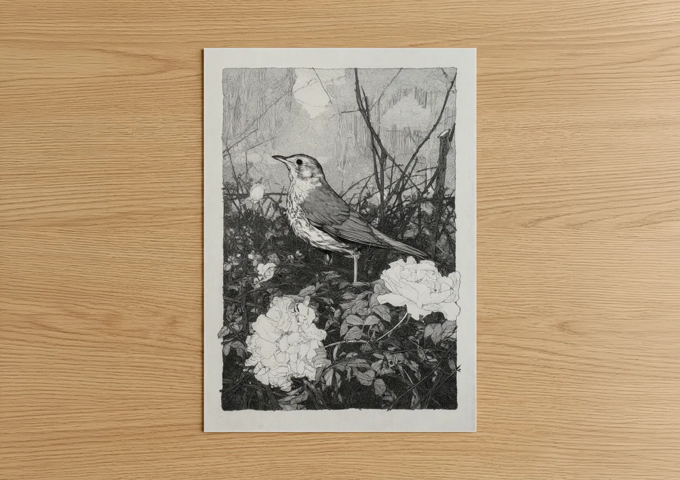 Art print on warm oak wood — black and white and gray palette — Garden Thrush poster