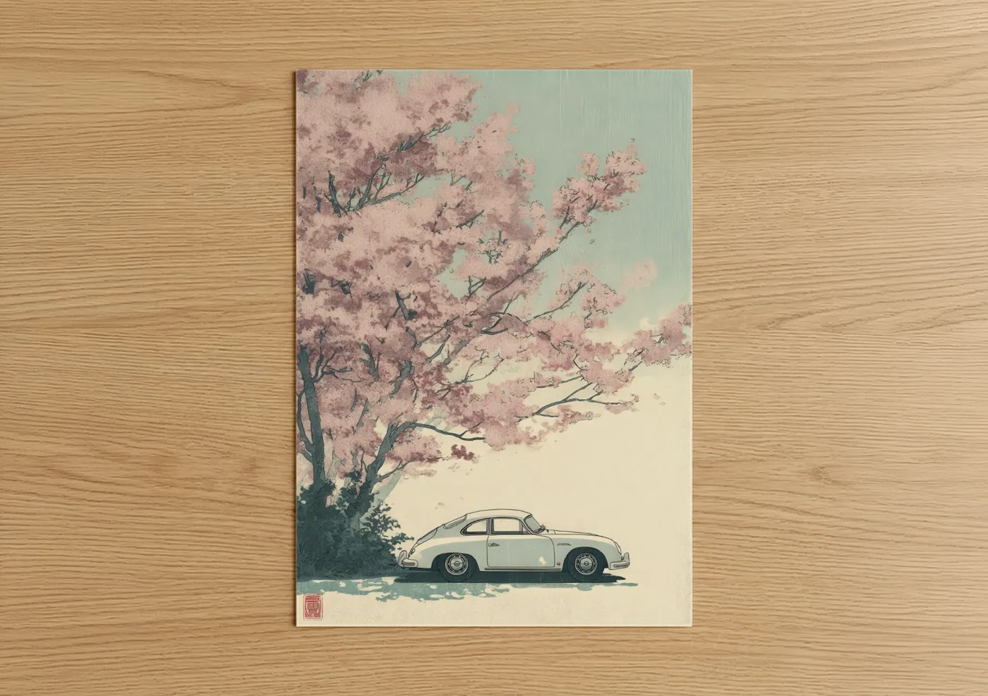 Cherry Blossom Vintage Car Illustration Wall Art