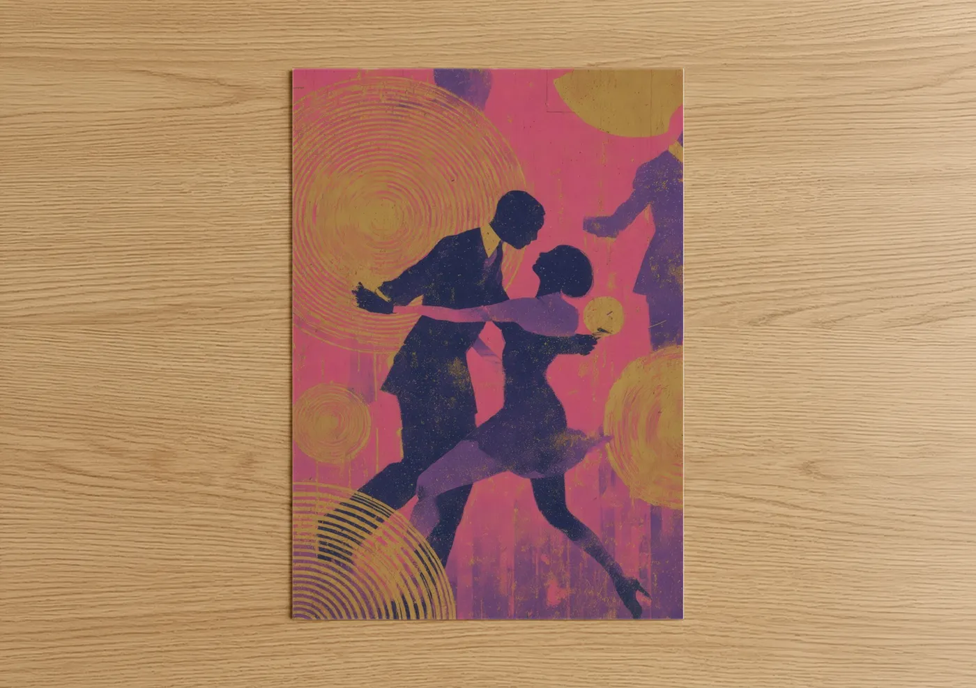 Swing dance art print on warm oak wood — magenta and gold palette — Vibrant Swing Duo poster