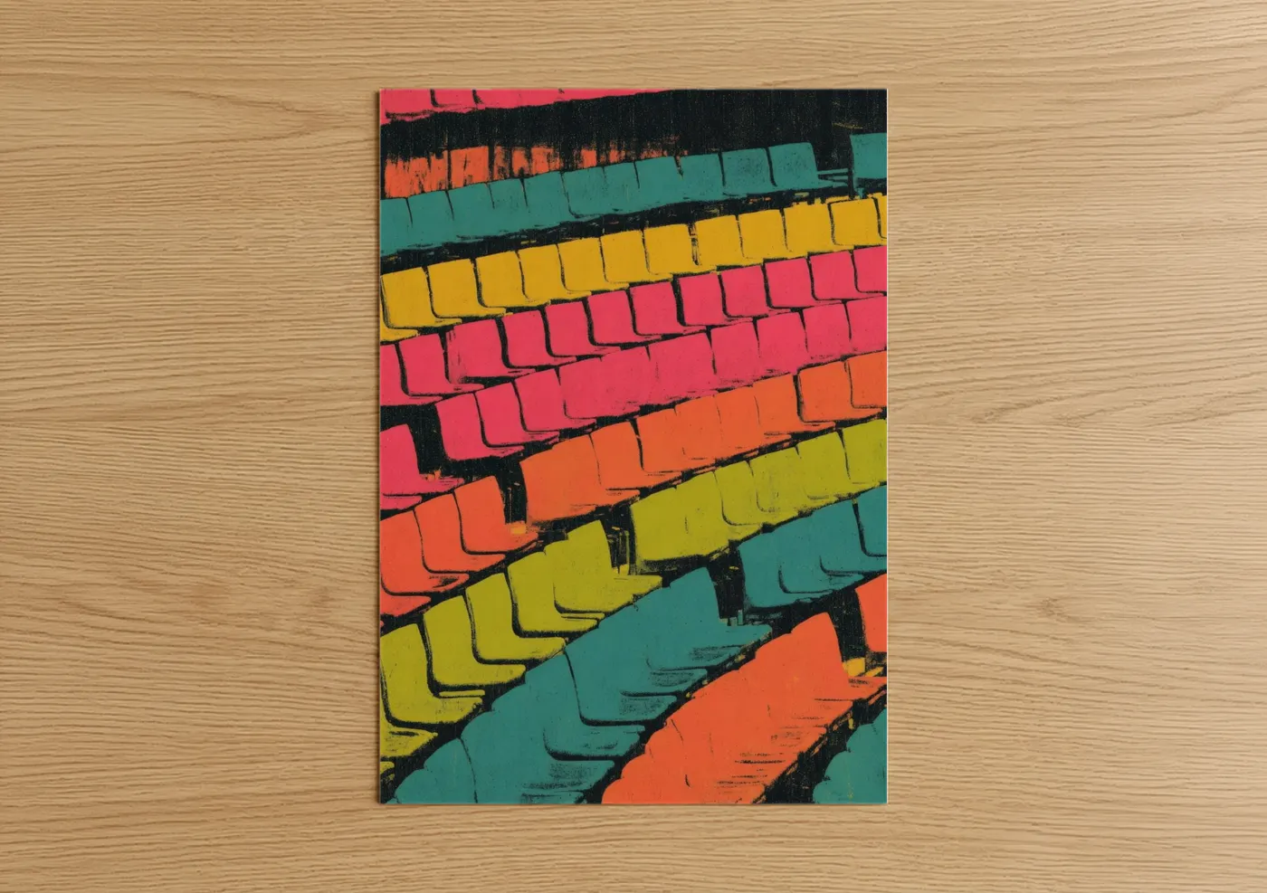 Stadiums and fields art print on warm oak wood — magenta and teal palette — Colorful Stadium Seats poster