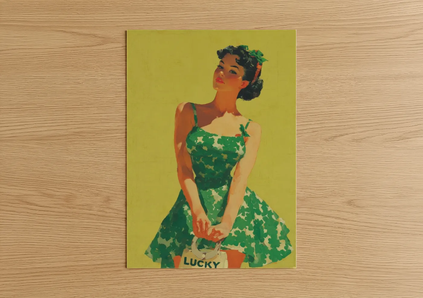 St. patrick's day art print on warm oak wood — gold and true green palette — Lucky Vintage poster