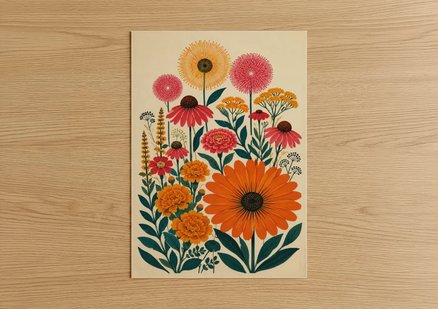 Flower art print on warm oak wood — orange and cream palette — Modern Botanical Garden Wall Art poster