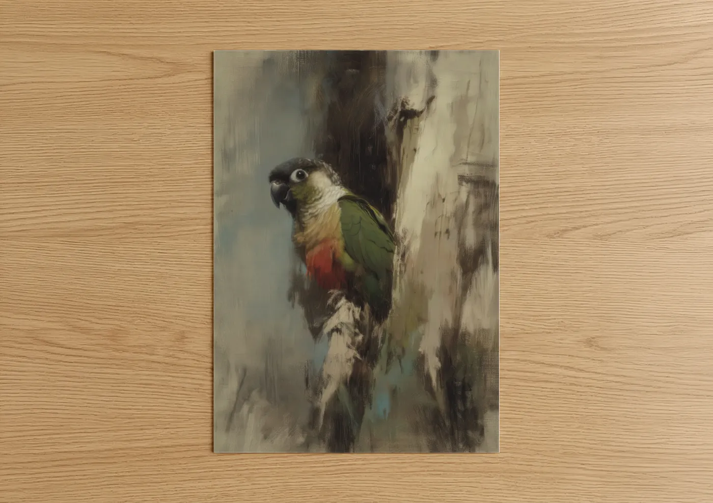 Safari parrots art print on warm oak wood — gray and green palette — Perched Parrot poster