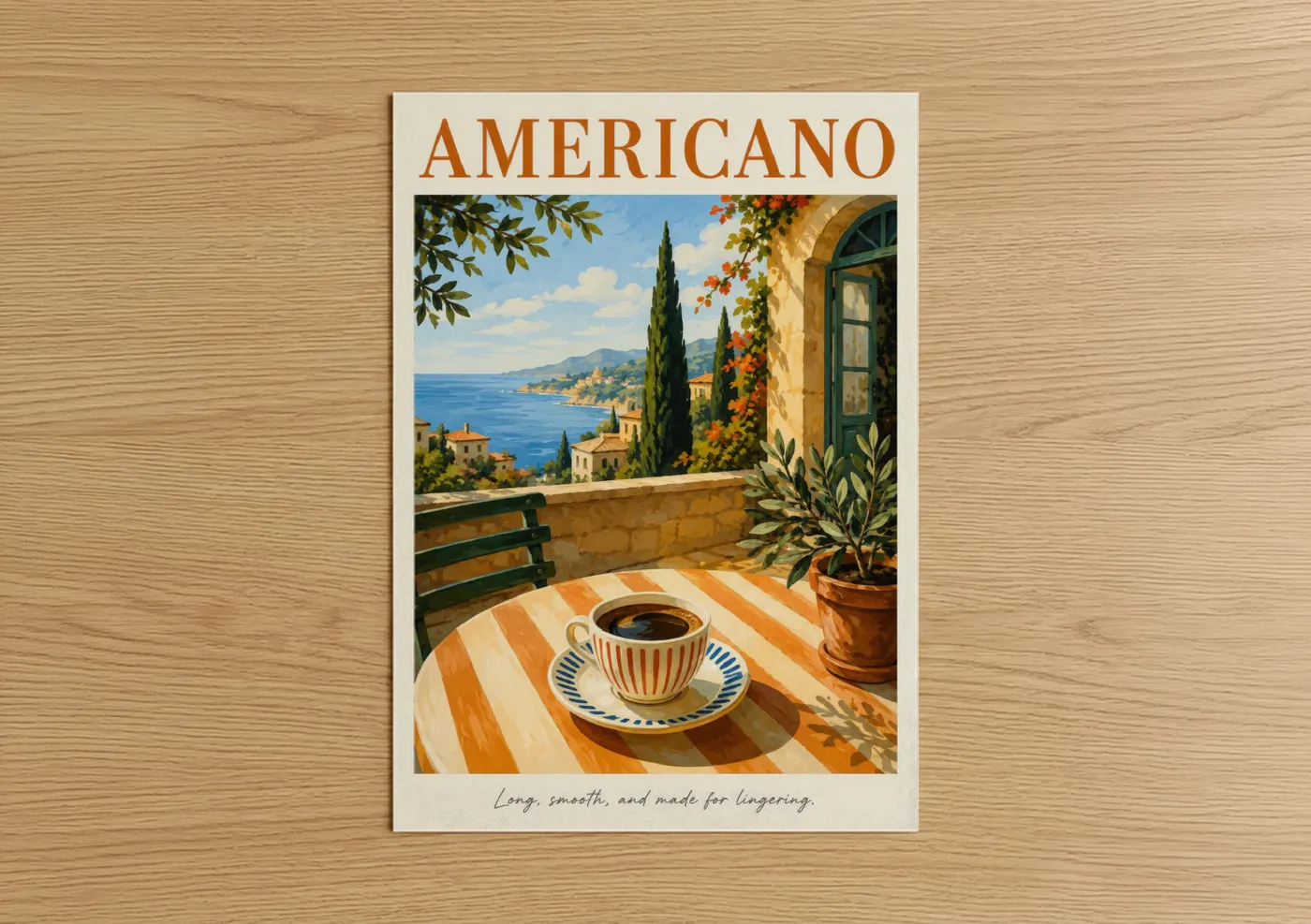 Art print on warm oak wood — blue and orange palette — Mediterranean Coffee Terrace Coastal Wall Art poster