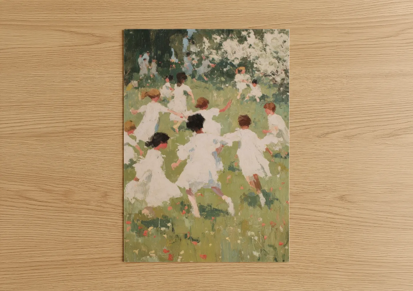 Art print on warm oak wood — white and green palette — May Day Celebration poster