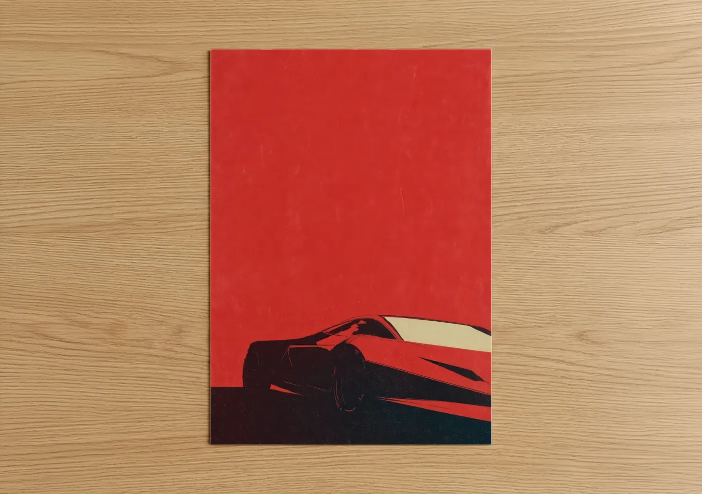 Sports car art print on warm oak wood — red and black and white palette — Crimson Speed poster