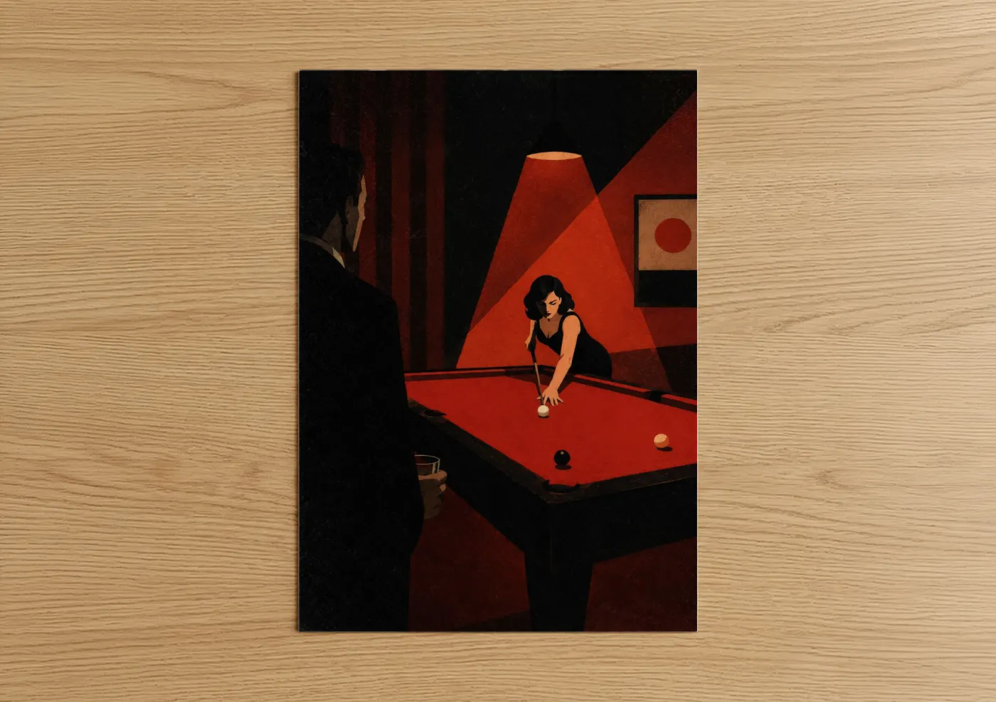 Casino art print on warm oak wood — red and black palette — Billiards Player Geometric Wall Art poster