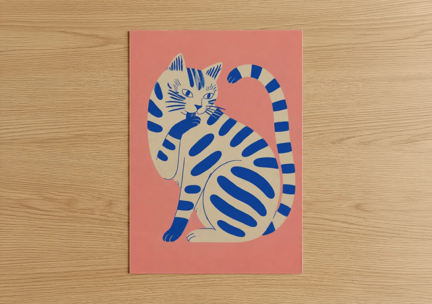 Art print on warm oak wood — blue and peach palette — Blue Geometric Cat Wall Art poster