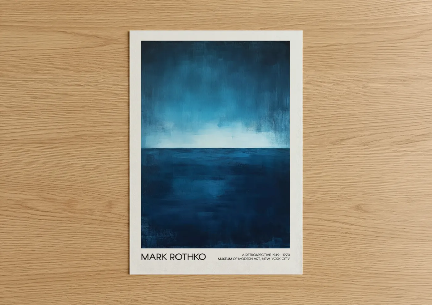 Abstract classic art print on warm oak wood — dark blue and blue and white palette — Oceanic Horizon poster