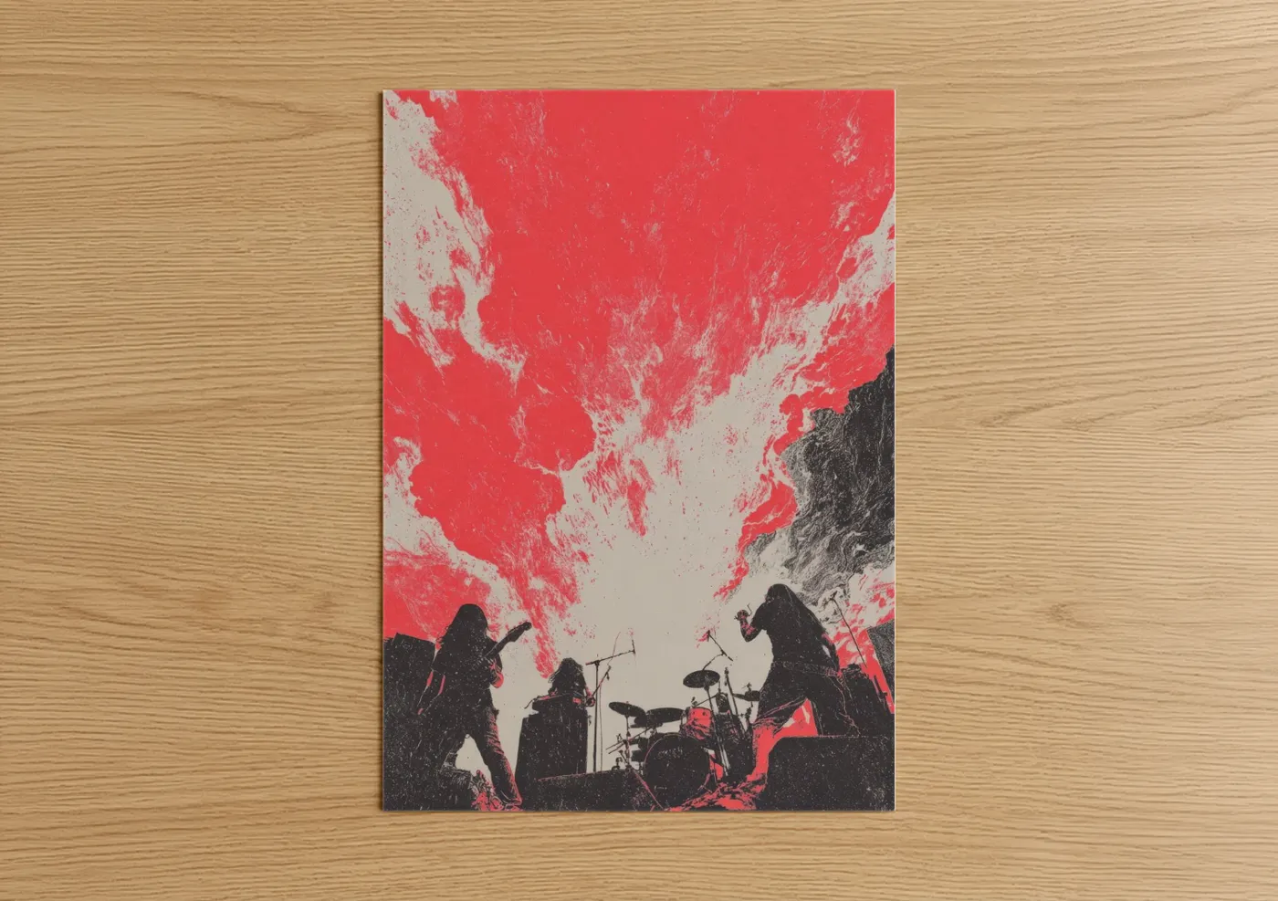 Death metal art print on warm oak wood — red and black palette — Crimson Stage Fury poster
