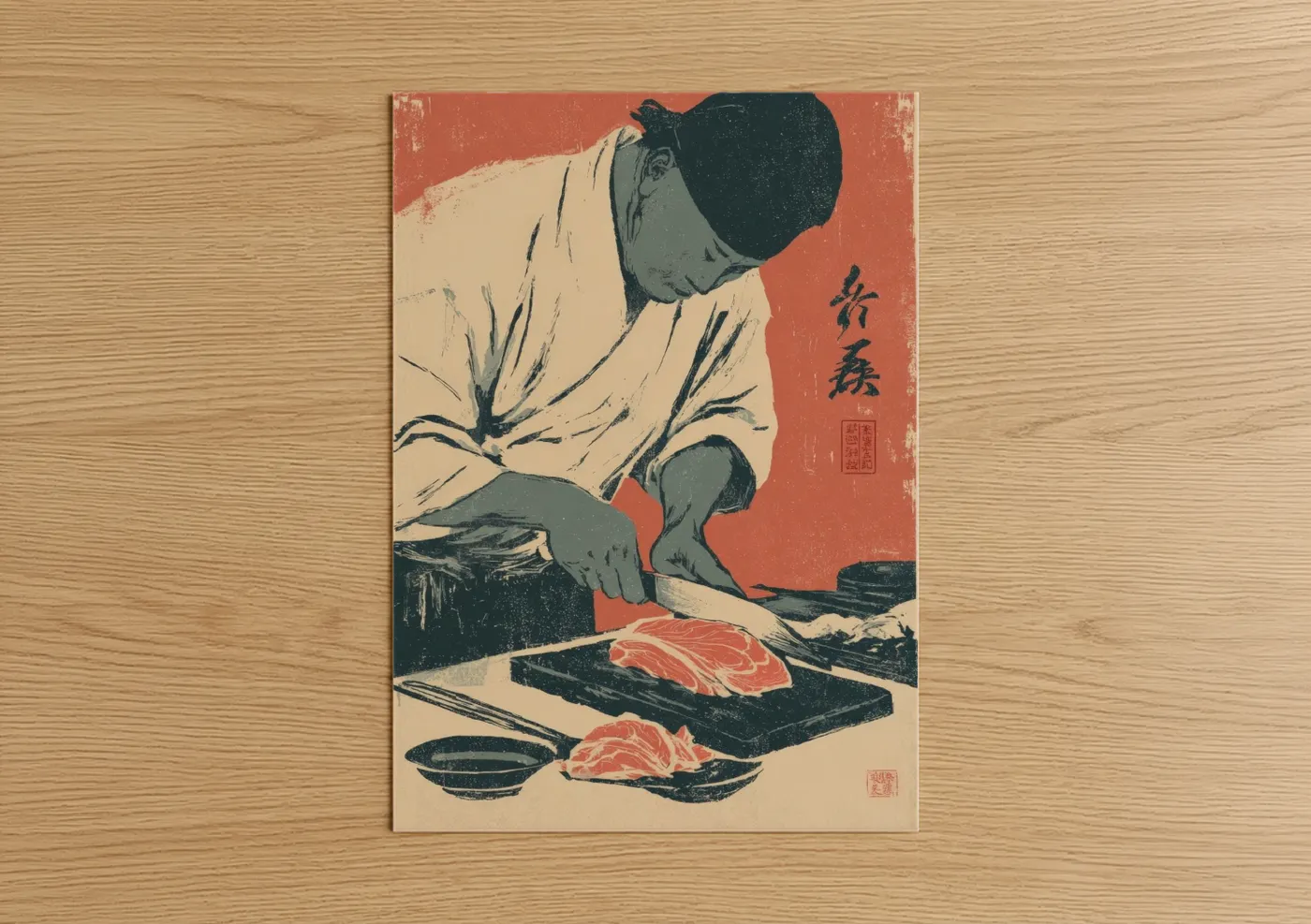 Meat art print on warm oak wood — cream palette — Butcher Preparation poster