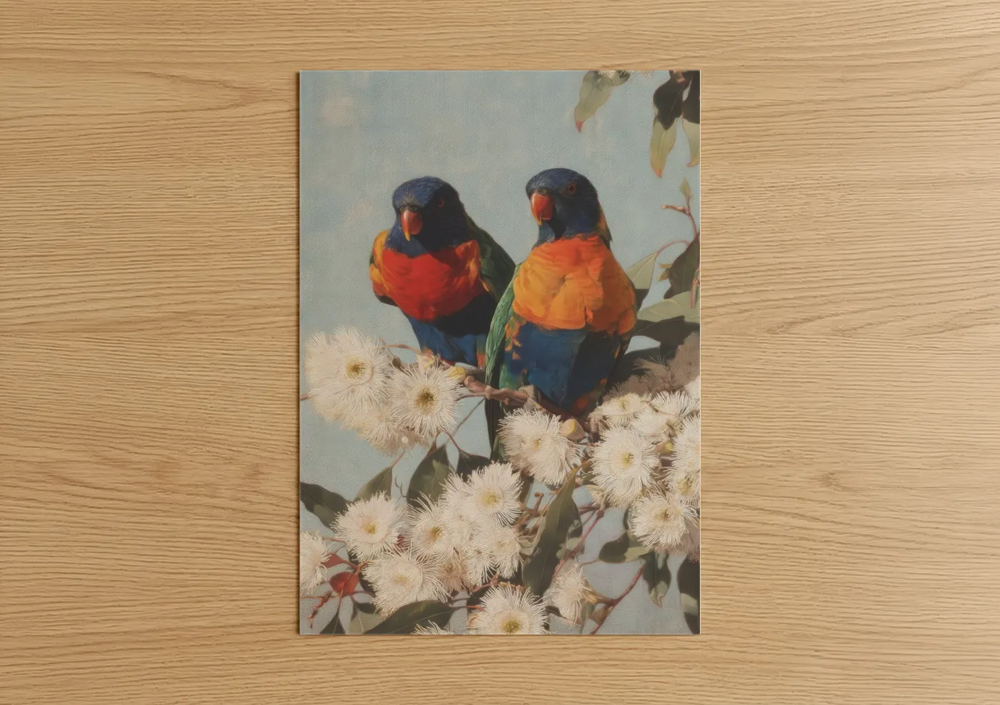 Rainbow lorikeet art print on warm oak wood — blue and orange palette — Blossom Lorikeets poster