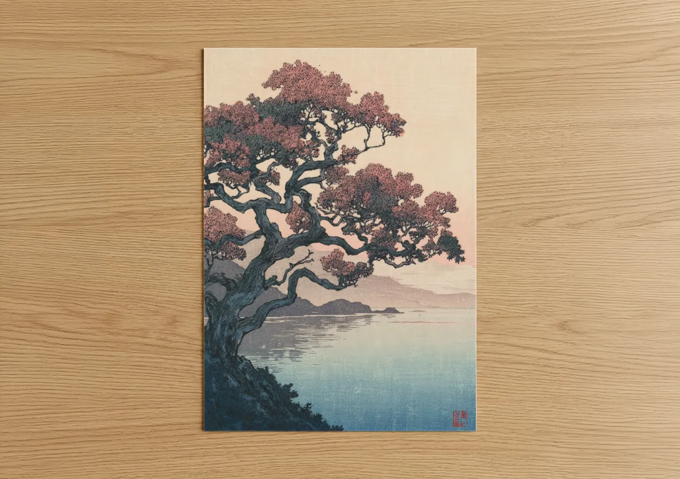 Arbutus tree art print on warm oak wood — blue and russet palette — Coastal Arbutus poster