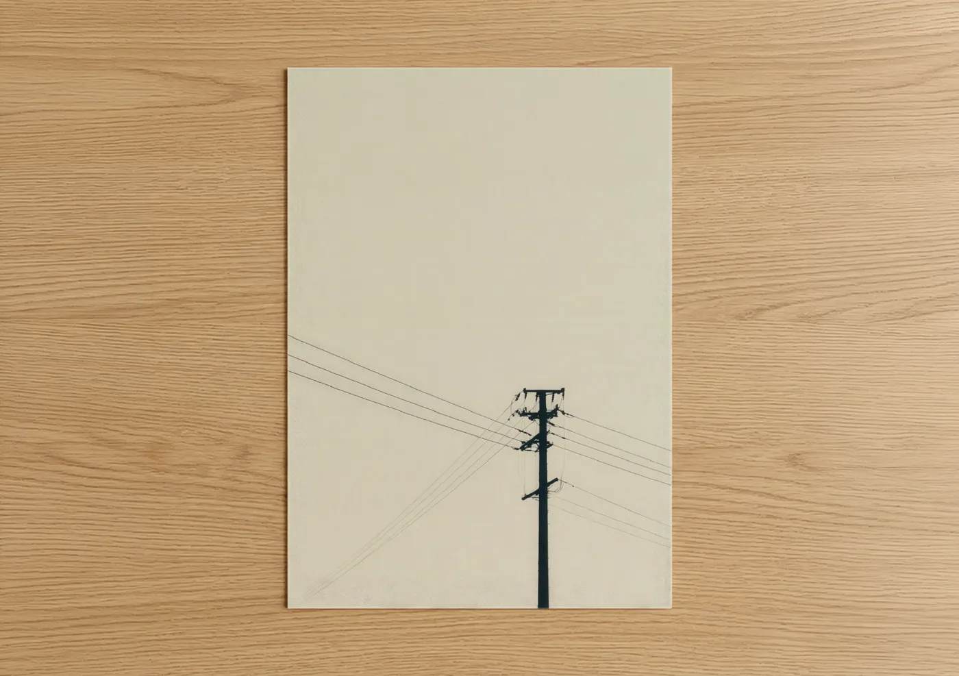 Power lines art print on warm oak wood — beige and black palette — Minimalist Power Line poster