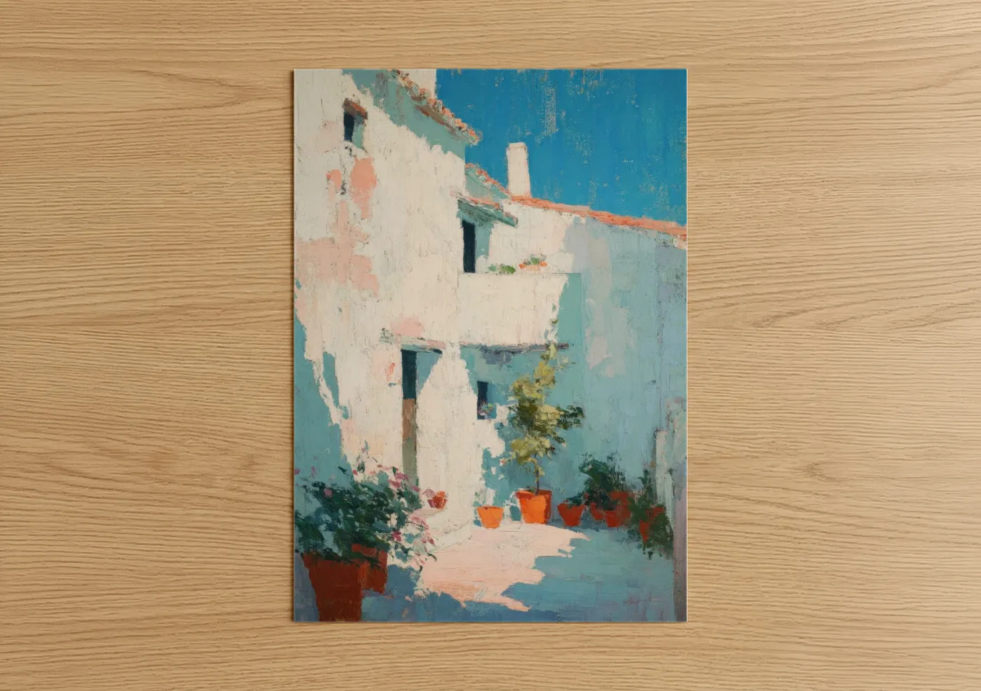 Masonry art print on warm oak wood — white and teal palette — Weathered Courtyard poster