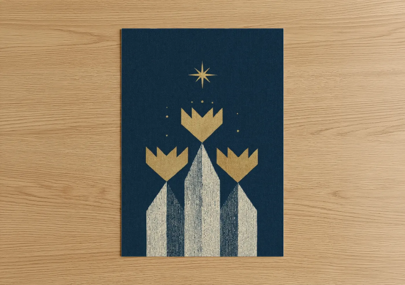 Art print on warm oak wood — dark blue and gold palette — Golden Epiphany poster
