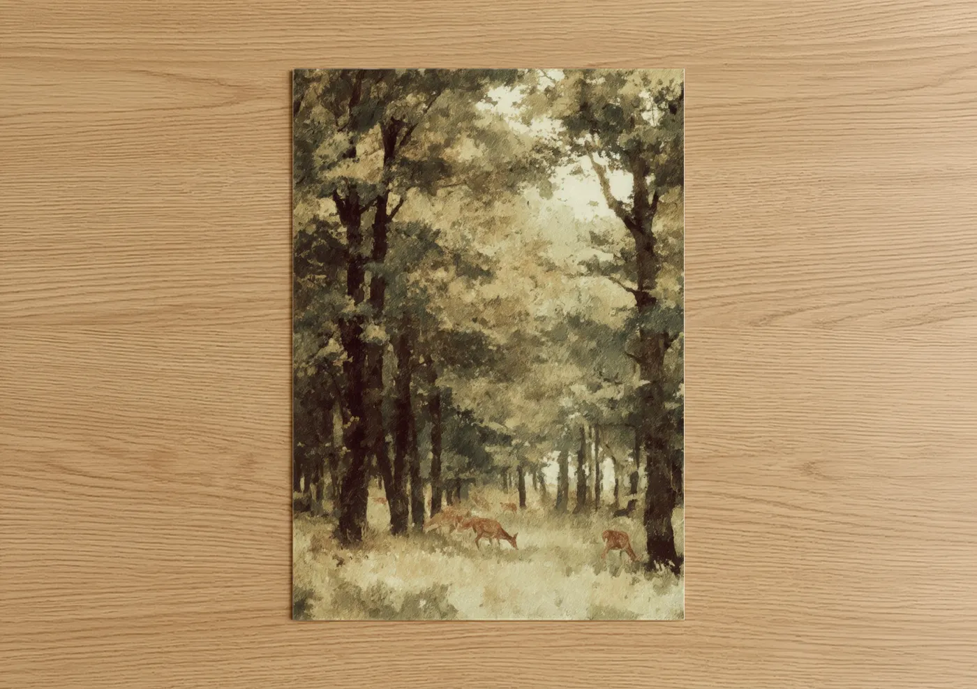 Misty Oak Forest Deer Watercolor Wall Art