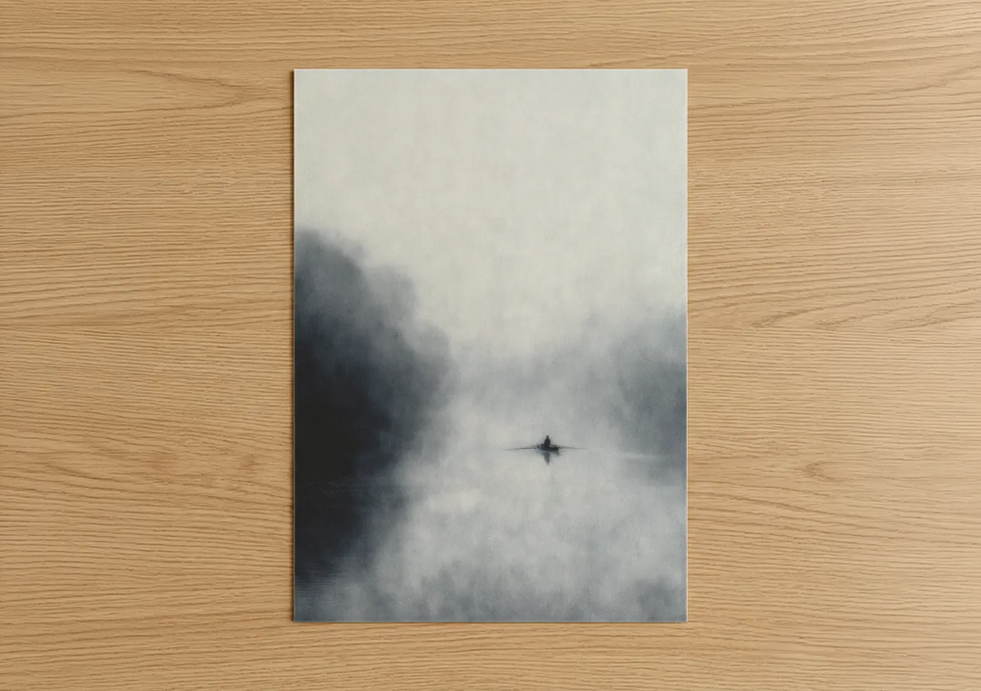 Art print on warm oak wood — gray and white and dove gray palette — Misty Canal poster