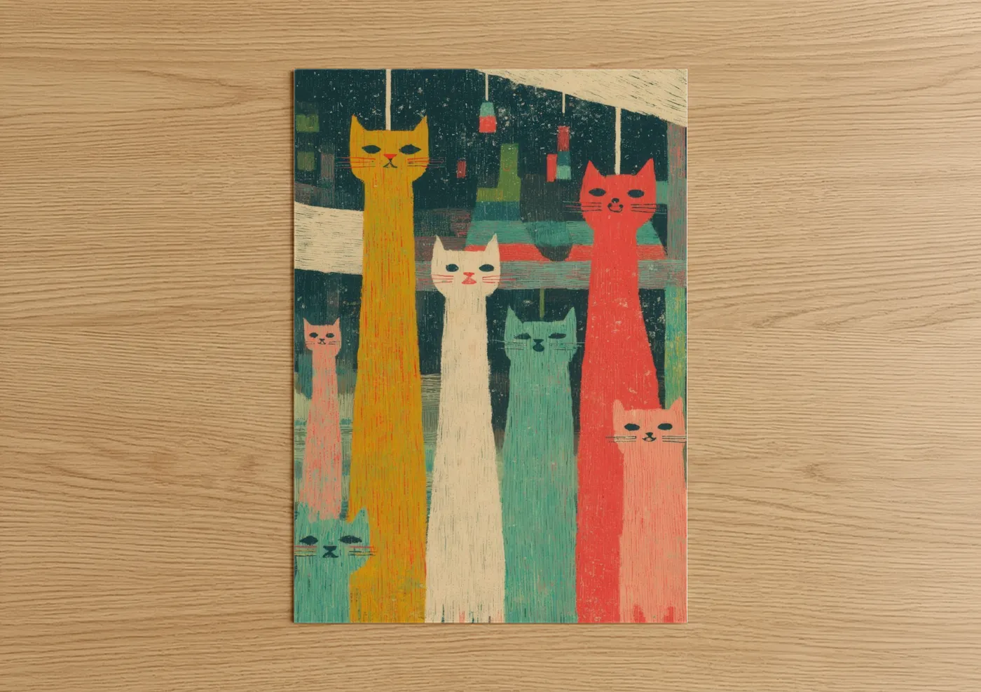 Art print on warm oak wood — gold and teal palette — Colorful Cat Columns poster
