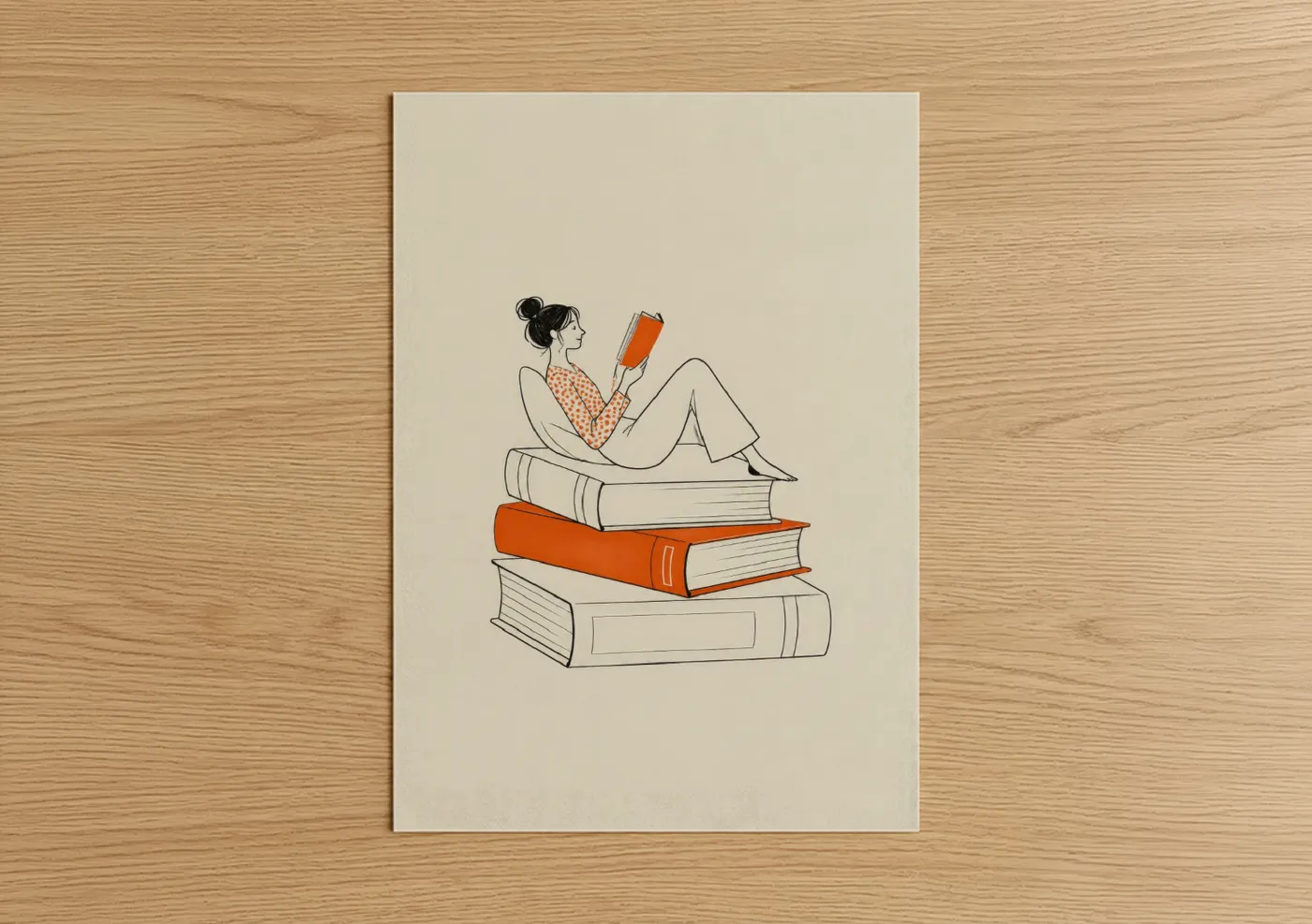 Art print on warm oak wood — beige and orange palette — Woman Reading on Books Wall Art poster