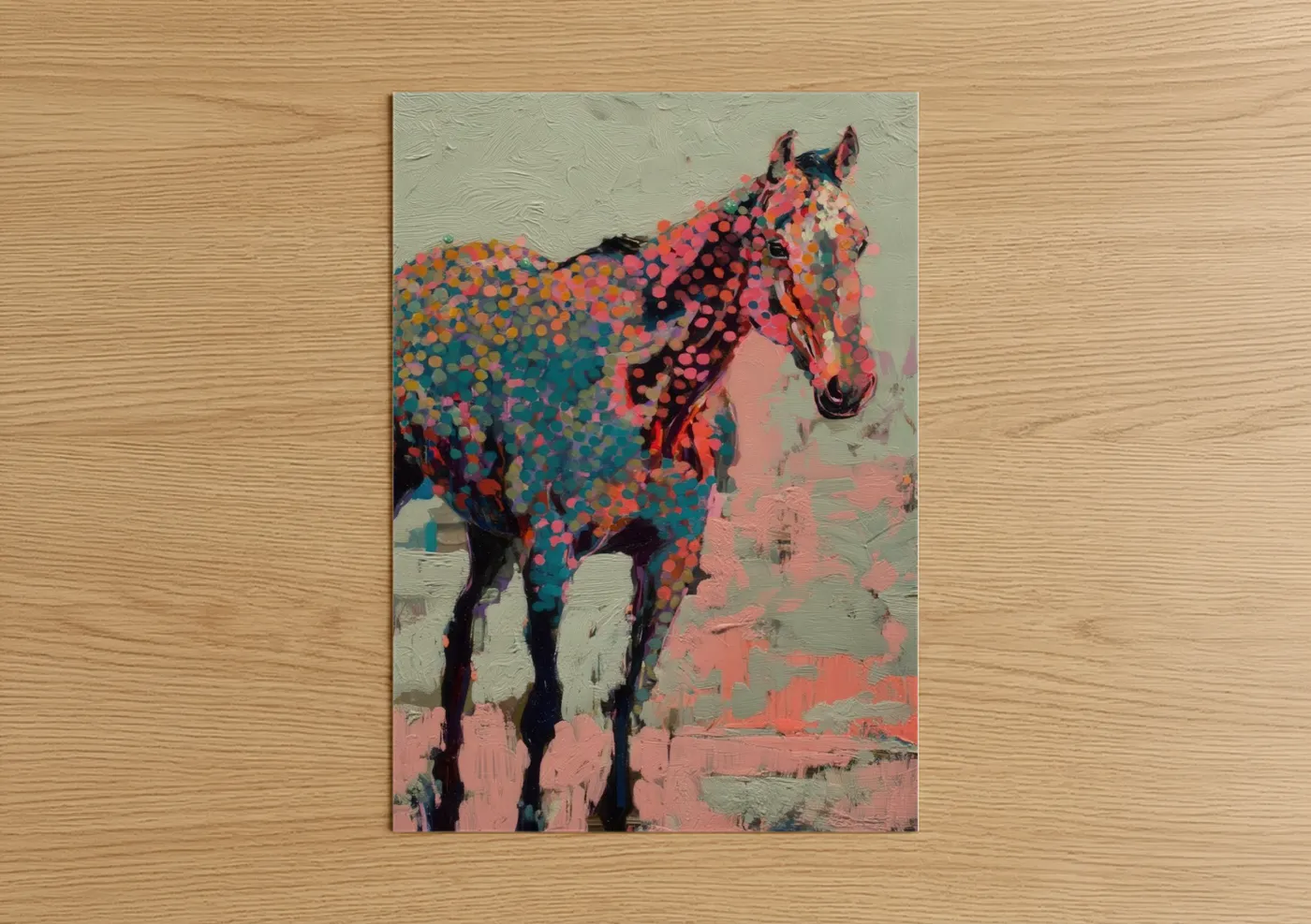 Thoroughbred horse art print on warm oak wood — magenta and teal palette — Colorful Thoroughbred poster