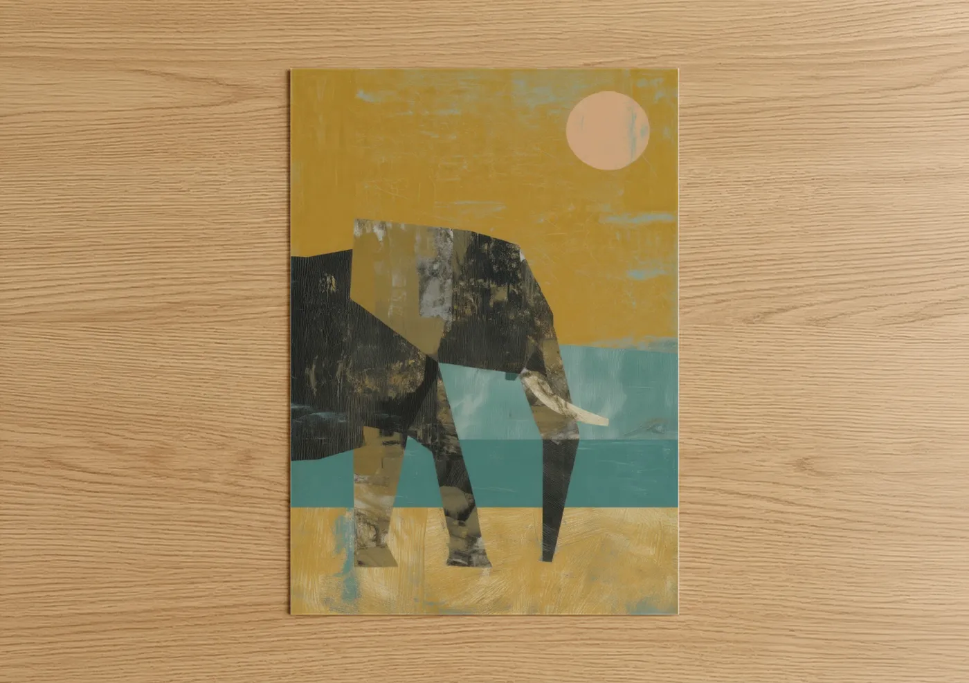 Art print on warm oak wood — yellow gold and teal palette — Golden Savanna Elephant poster