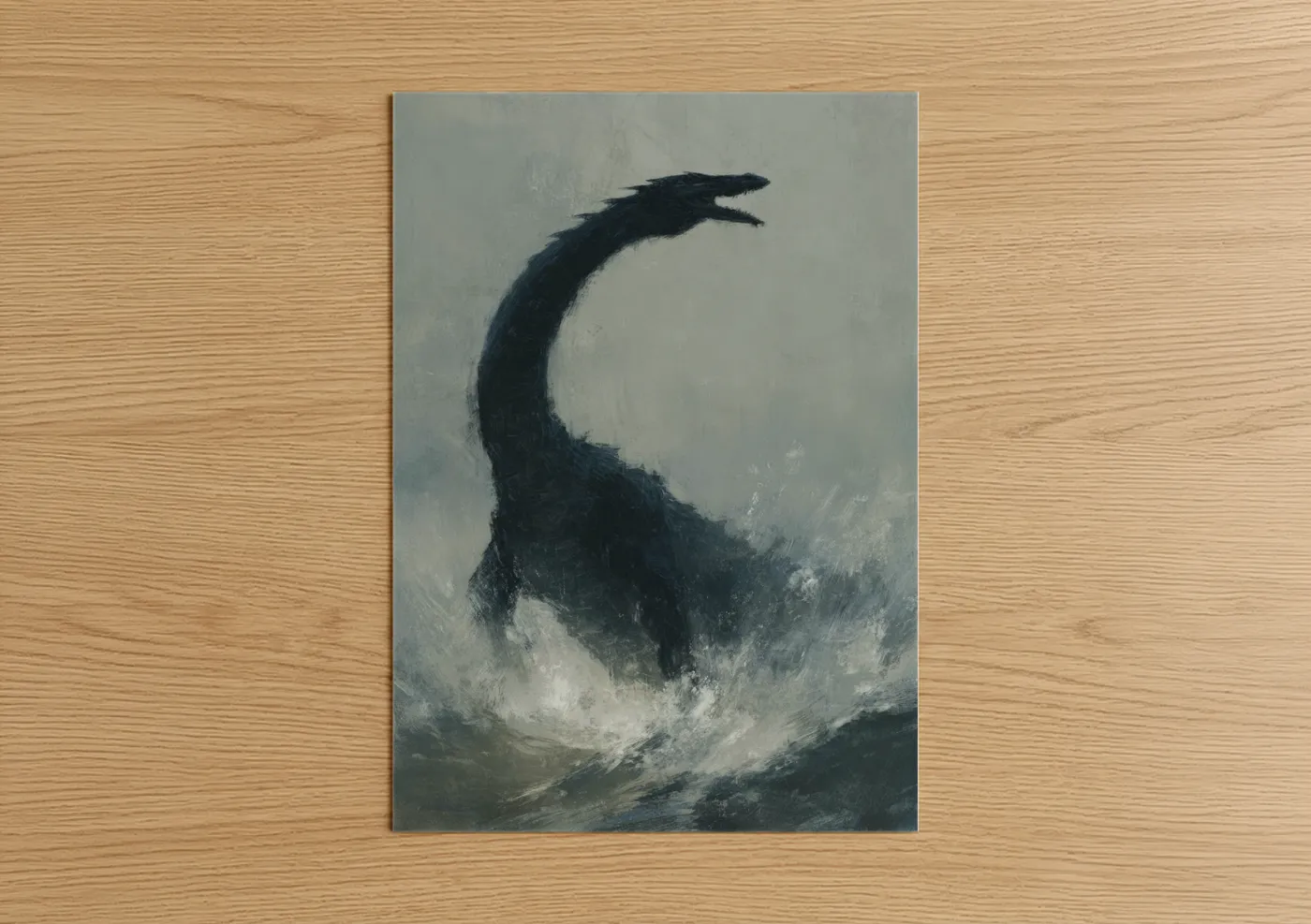 Loch ness monster art print on warm oak wood — gray and black palette — Misty Nessie poster
