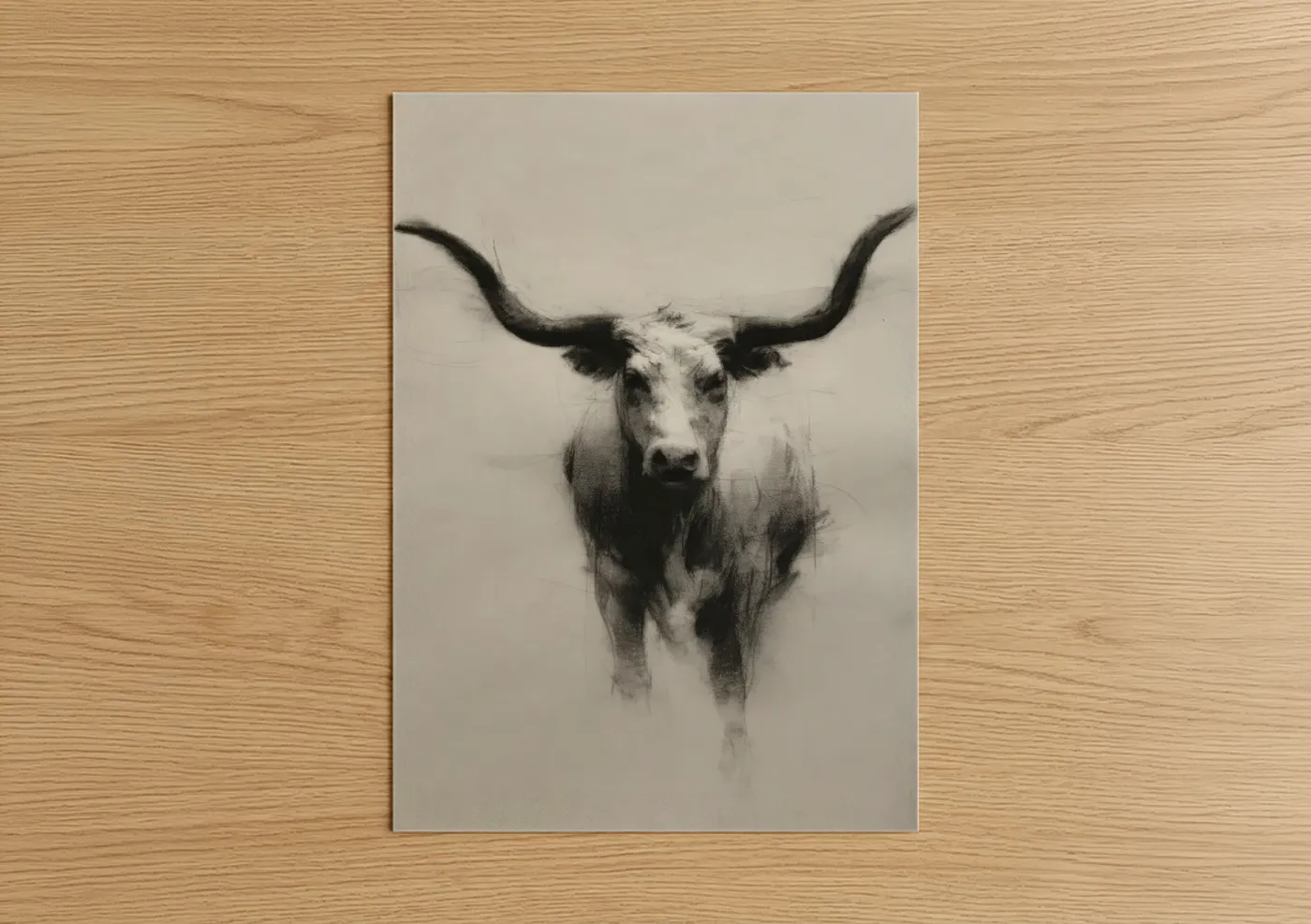 Longhorn cow art print on warm oak wood — black and white and gray palette — Longhorn Portrait poster