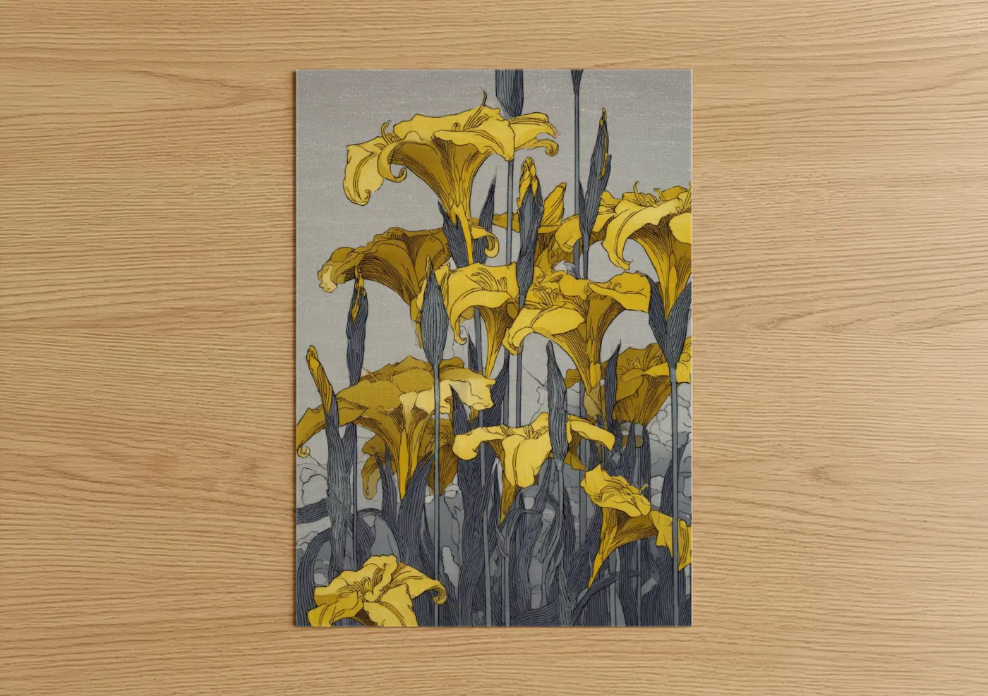 Art print on warm oak wood — yellow gold and gray palette — Golden Amarillys poster