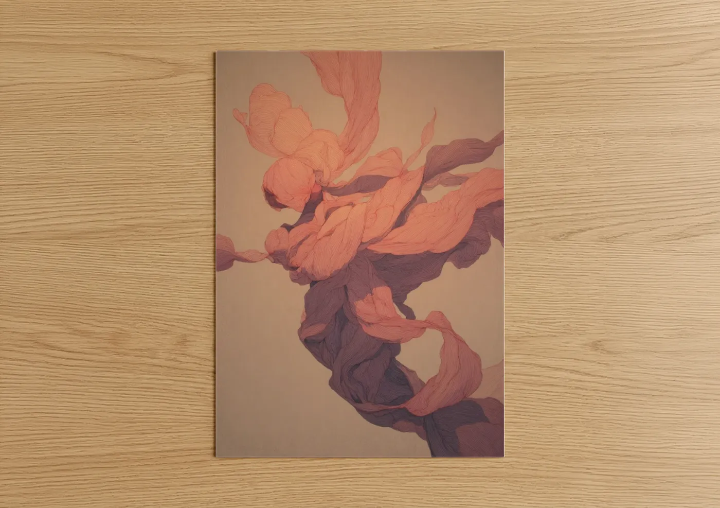 Art print on warm oak wood — salmon pink and maroon palette — Flowing Zumba Energy poster