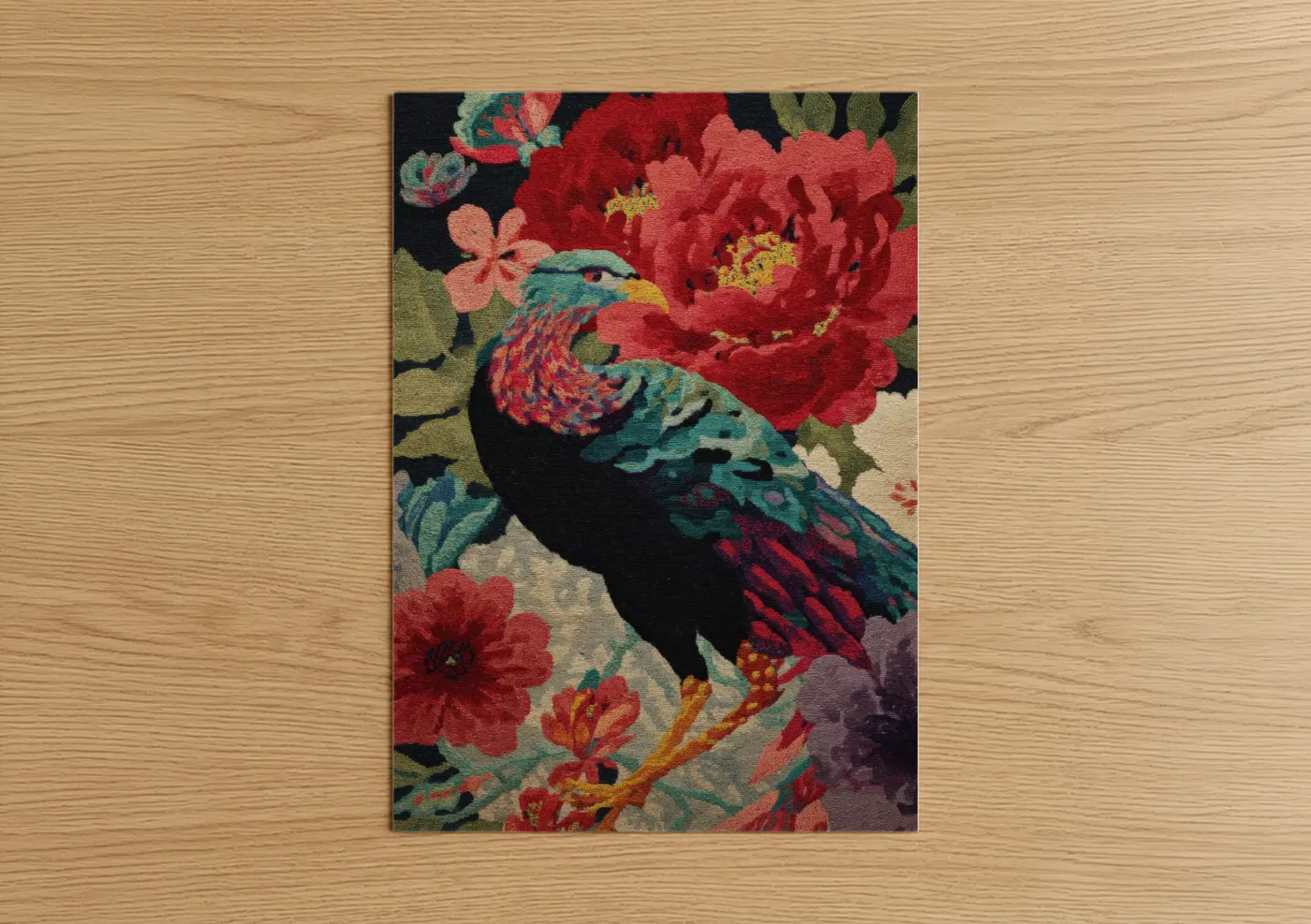 Art print on warm oak wood — red and teal palette — Jeweled Griffin poster