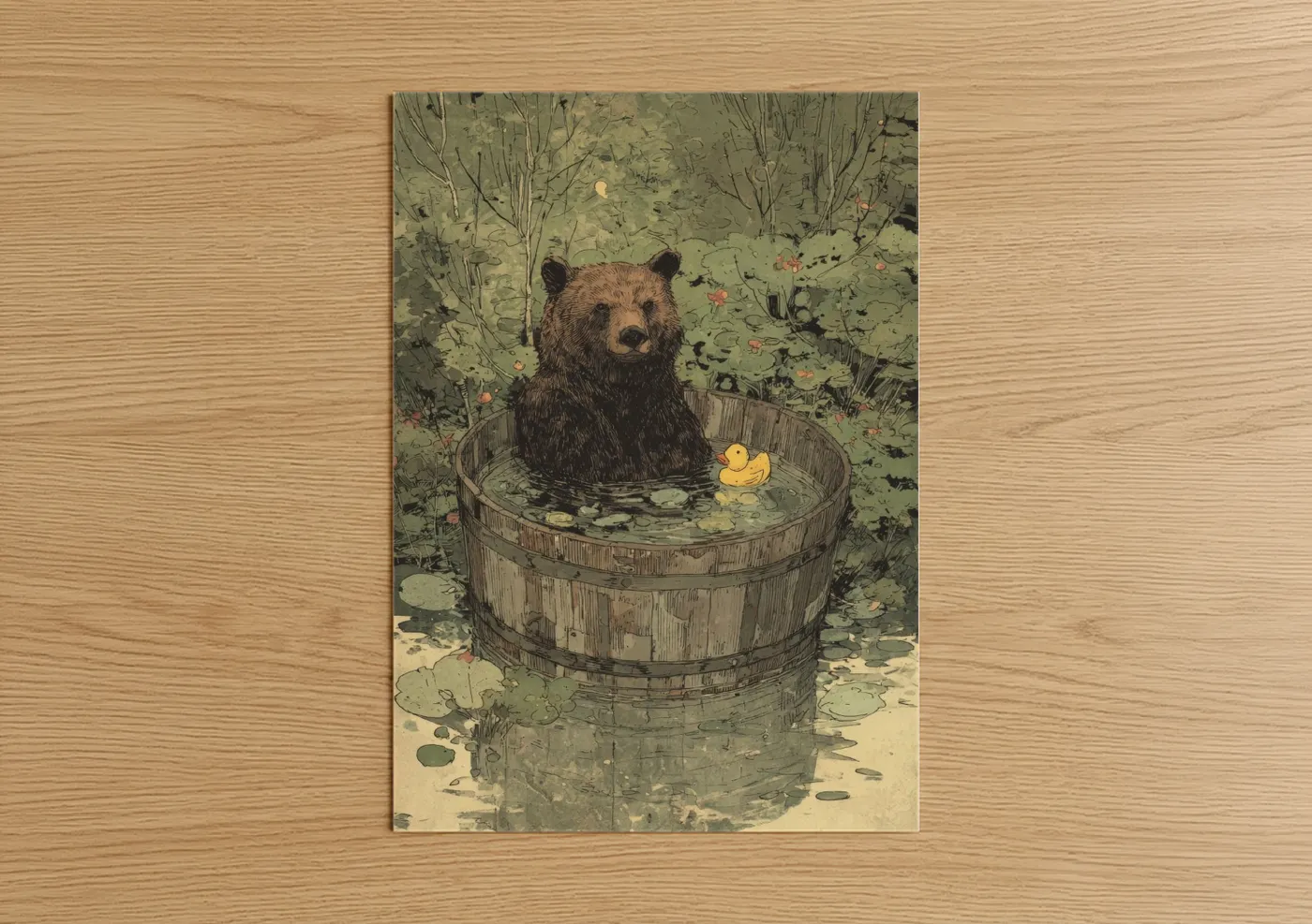 Grizzly bear art print on warm oak wood — sage green and brown palette — Bathing Grizzly poster