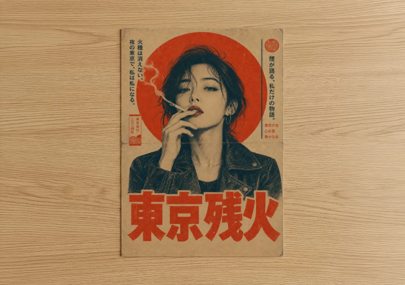 Smoking art print on warm oak wood — red and beige palette — Japanese Retro Cigarette Advertisement Wall Art poster