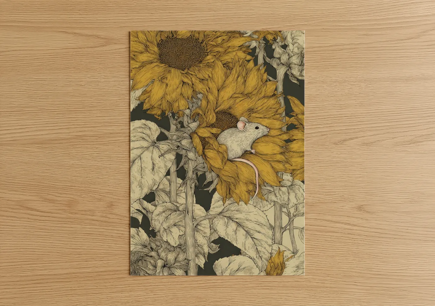 White Mice Sunflower Garden Illustration Wall Art